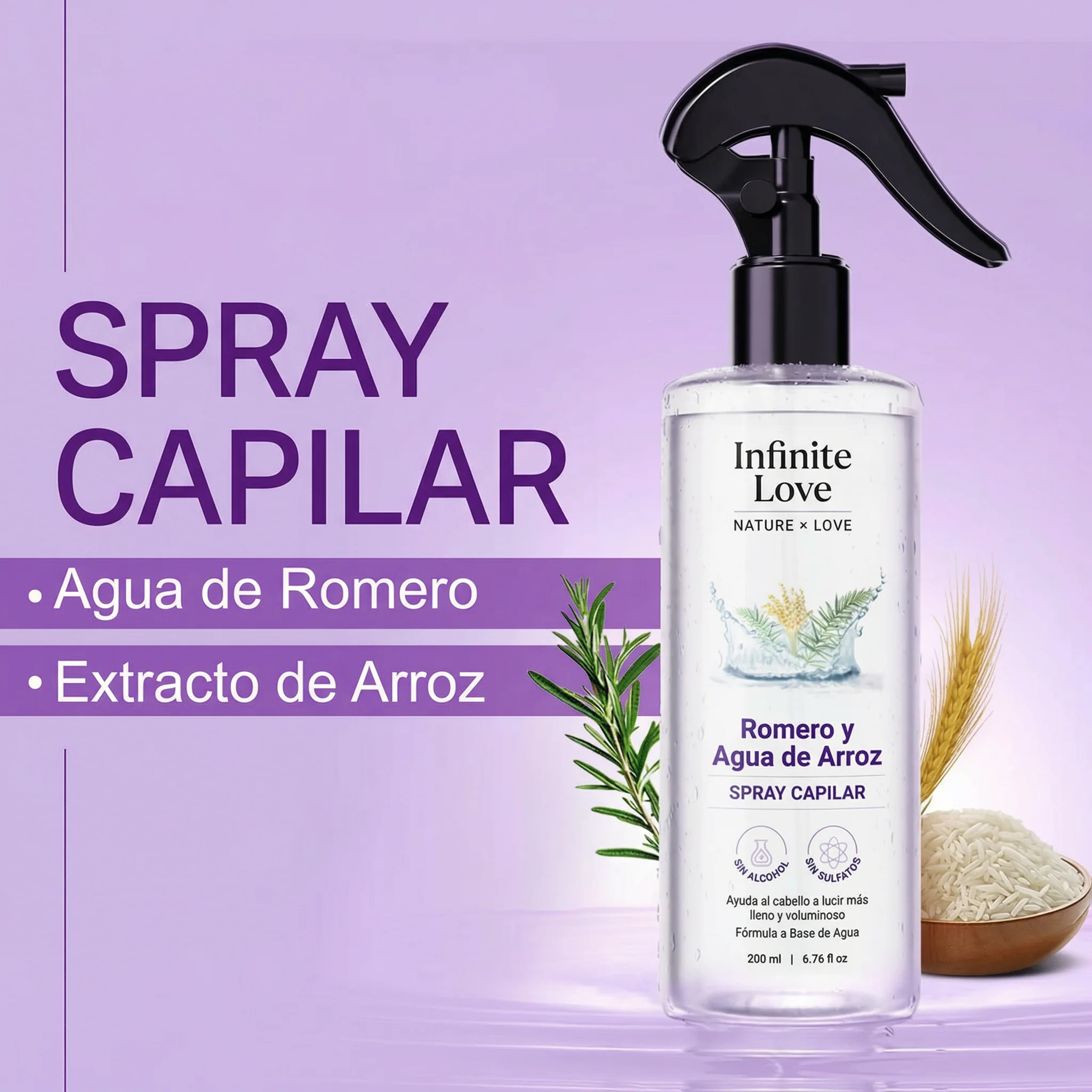 Spray Capilar Estimulador de Crecimiento con Romero y Agua de Arroz (100% Natural) para Frenar la Caída
