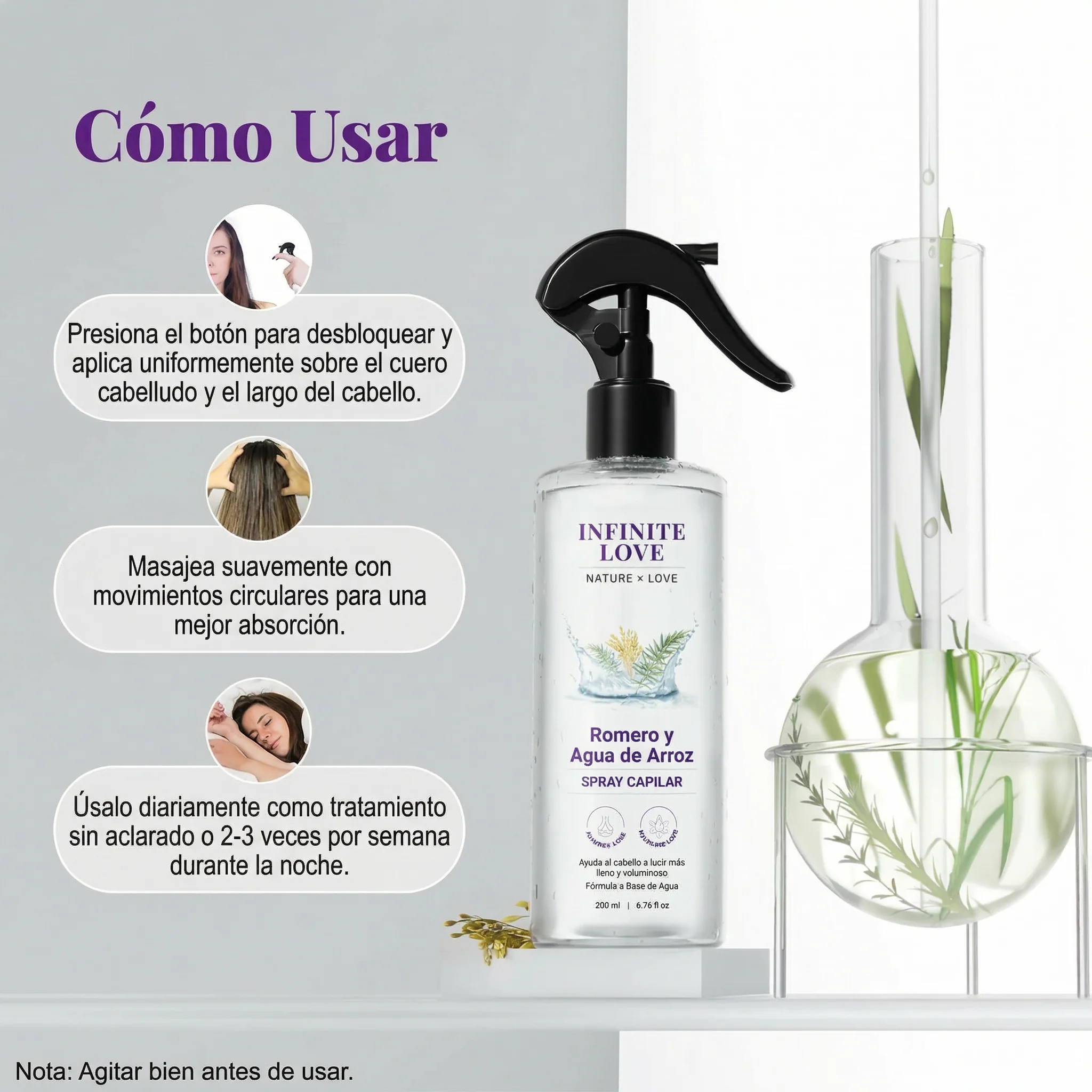 Spray Capilar Estimulador de Crecimiento con Romero y Agua de Arroz (100% Natural) para Frenar la Caída - Image 3